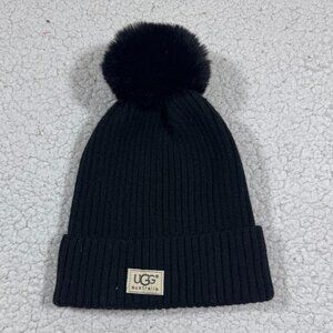 UGG Australia Womens Black Rib Knit Pom Pom Beanie Hat Fleece Lined One Size